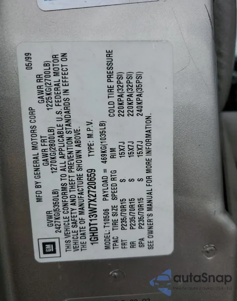 1999 Oldsmobile Bravada из США, поврежденный, VIN 1GHDT13W7X2720659